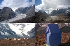 
As we started again, the two groups intermingled. The two groups camped together next to a lake at the base of the Langma La with the mostly white Rabkar Glacier taking a 90-degree turn as it petered out across from our camp.

